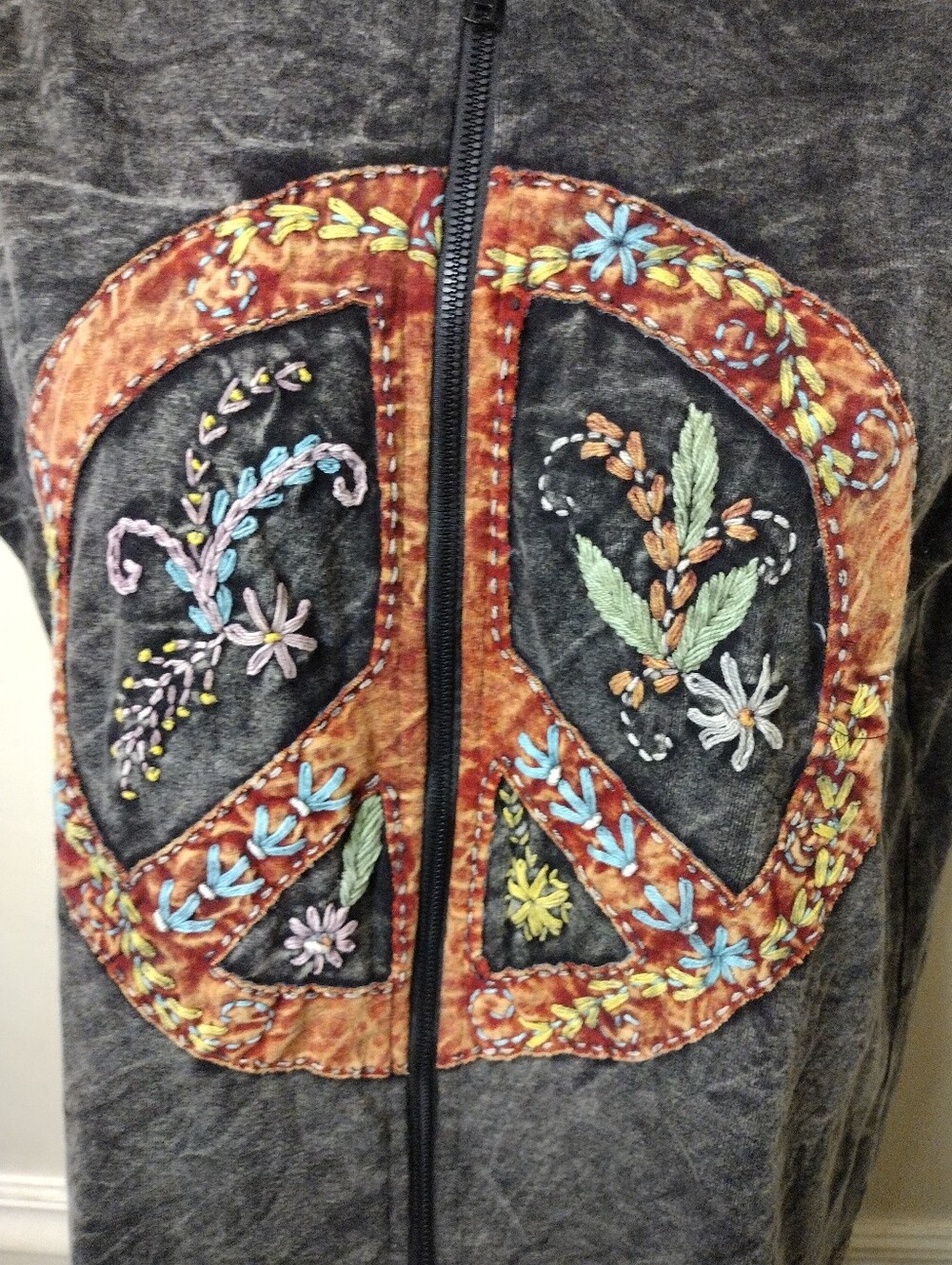 The Collection Royal Boho Distressed Gray/Red Embroidered Peace Sign Hoodie Vest - Picture 2 of 8